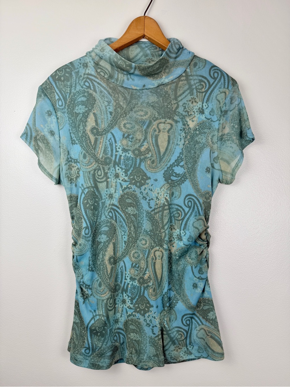Y2K Whimsigoth Sheer Mesh Paisley Mock Neck Top 90s Mesh Ruched Stretch Indie